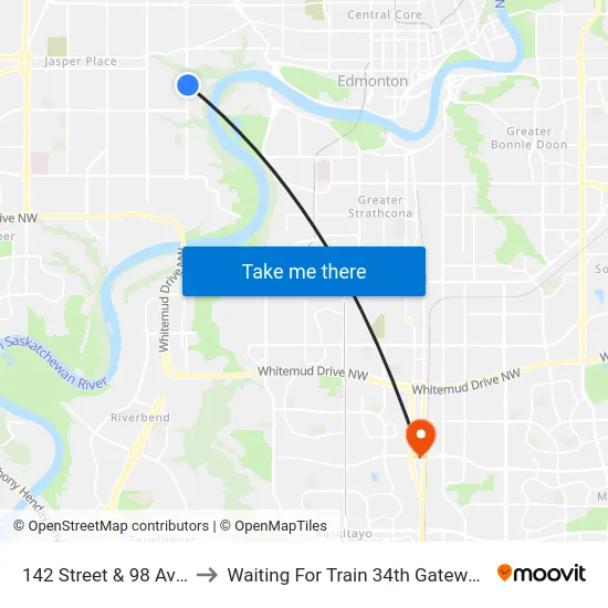 142 Street & 98 Avenue to Waiting For Train 34th Gateway Blvd. map