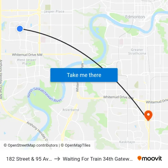 182 Street & 95 Avenue to Waiting For Train 34th Gateway Blvd. map
