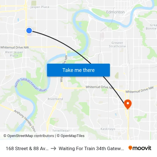 168 Street & 88 Avenue to Waiting For Train 34th Gateway Blvd. map