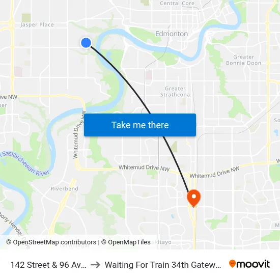 142 Street & 96 Avenue to Waiting For Train 34th Gateway Blvd. map