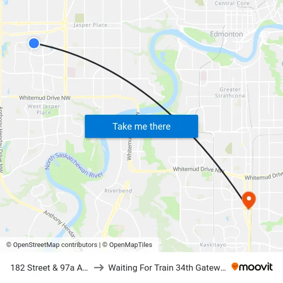 182 Street & 97a Avenue to Waiting For Train 34th Gateway Blvd. map
