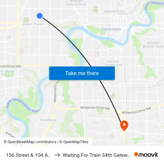156 Street & 104 Avenue to Waiting For Train 34th Gateway Blvd. map
