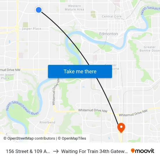 156 Street & 109 Avenue to Waiting For Train 34th Gateway Blvd. map