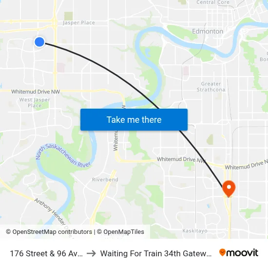 176 Street & 96 Avenue to Waiting For Train 34th Gateway Blvd. map