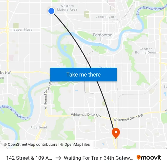 142 Street & 109 Avenue to Waiting For Train 34th Gateway Blvd. map