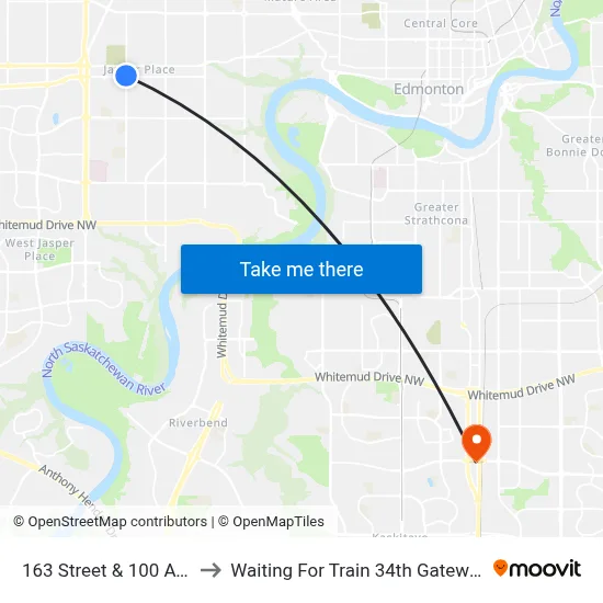 163 Street & 100 Avenue to Waiting For Train 34th Gateway Blvd. map