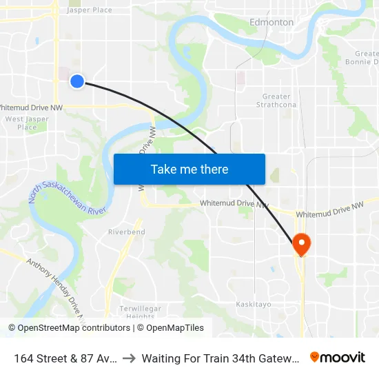 164 Street & 87 Avenue to Waiting For Train 34th Gateway Blvd. map