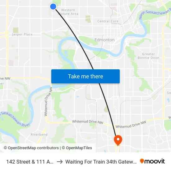 142 Street & 111 Avenue to Waiting For Train 34th Gateway Blvd. map