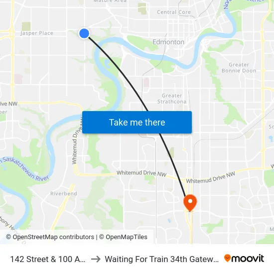 142 Street & 100 Avenue to Waiting For Train 34th Gateway Blvd. map