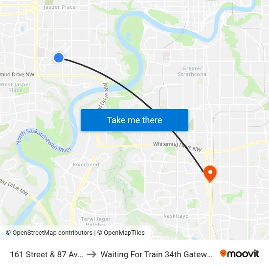 161 Street & 87 Avenue to Waiting For Train 34th Gateway Blvd. map