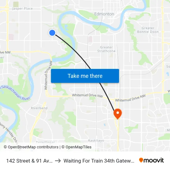 142 Street & 91 Avenue to Waiting For Train 34th Gateway Blvd. map