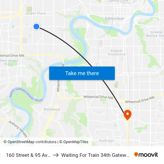 160 Street & 95 Avenue to Waiting For Train 34th Gateway Blvd. map