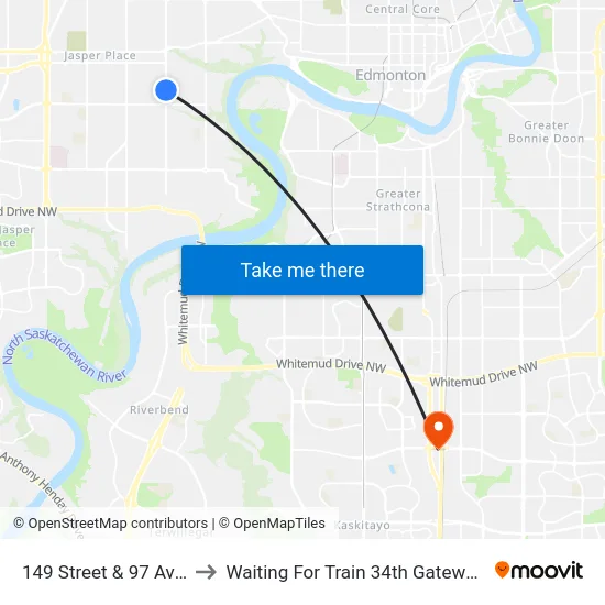 149 Street & 97 Avenue to Waiting For Train 34th Gateway Blvd. map