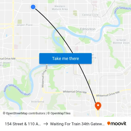 154 Street & 110 Avenue to Waiting For Train 34th Gateway Blvd. map