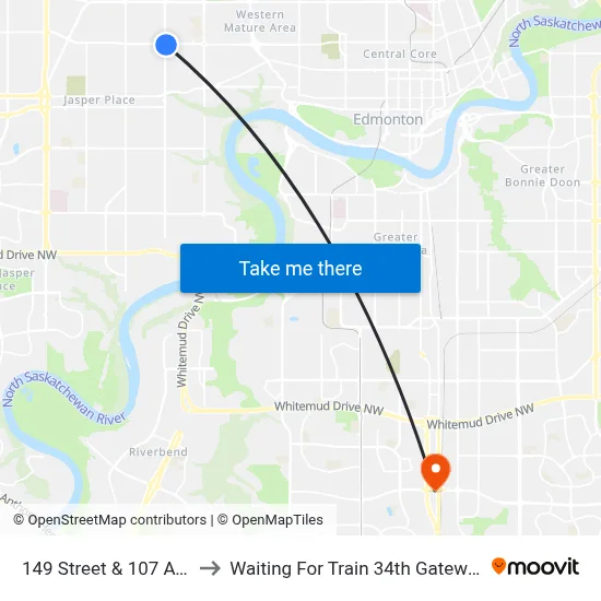 149 Street & 107 Avenue to Waiting For Train 34th Gateway Blvd. map