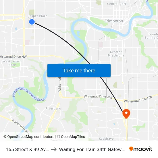 165 Street & 99 Avenue to Waiting For Train 34th Gateway Blvd. map