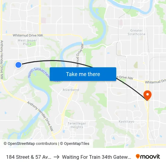 184 Street & 57 Avenue to Waiting For Train 34th Gateway Blvd. map
