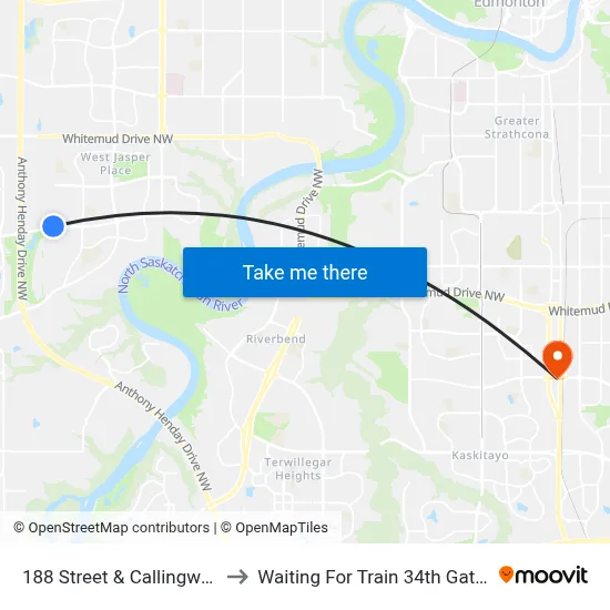 188 Street & Callingwood Road to Waiting For Train 34th Gateway Blvd. map