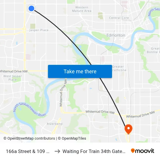 166a Street & 109 Avenue to Waiting For Train 34th Gateway Blvd. map