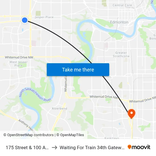 175 Street & 100 Avenue to Waiting For Train 34th Gateway Blvd. map