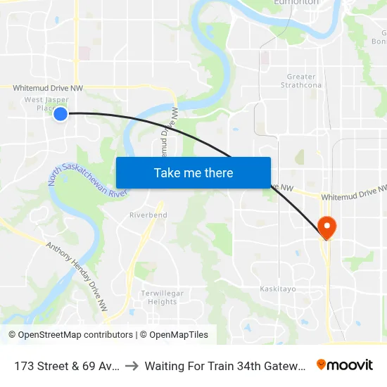 173 Street & 69 Avenue to Waiting For Train 34th Gateway Blvd. map