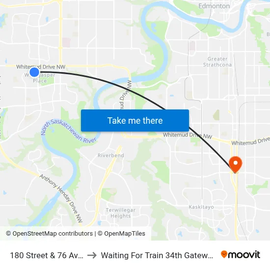 180 Street & 76 Avenue to Waiting For Train 34th Gateway Blvd. map