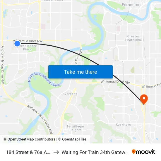 184 Street & 76a Avenue to Waiting For Train 34th Gateway Blvd. map