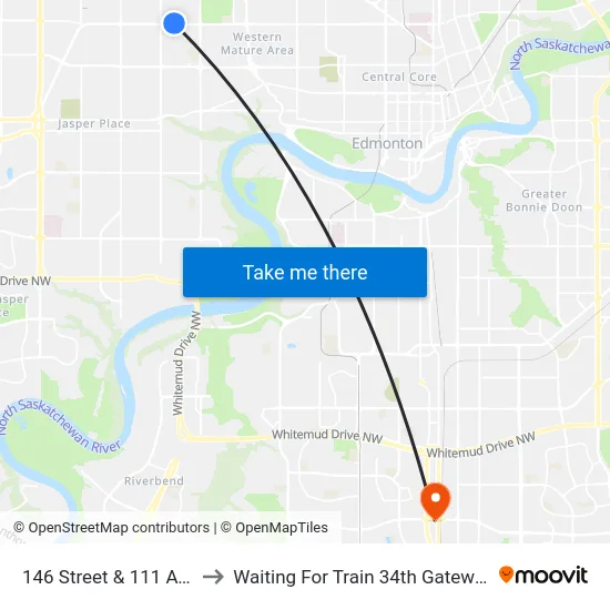 146 Street & 111 Avenue to Waiting For Train 34th Gateway Blvd. map