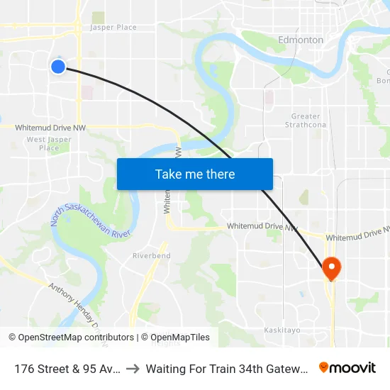 176 Street & 95 Avenue to Waiting For Train 34th Gateway Blvd. map