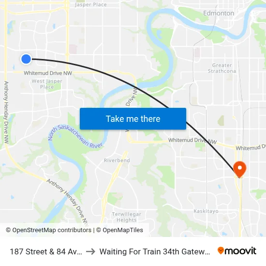187 Street & 84 Avenue to Waiting For Train 34th Gateway Blvd. map