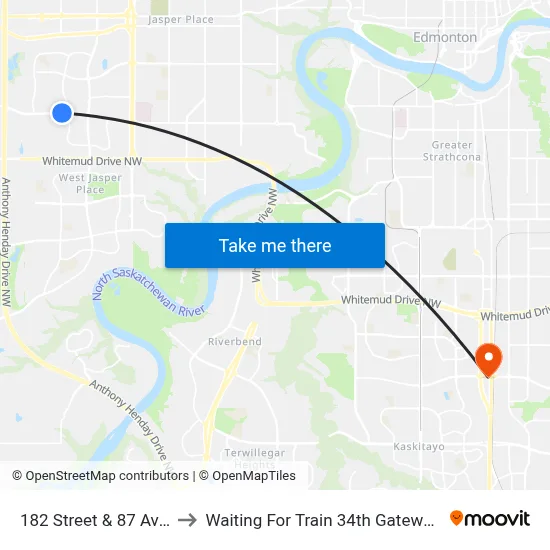 182 Street & 87 Avenue to Waiting For Train 34th Gateway Blvd. map