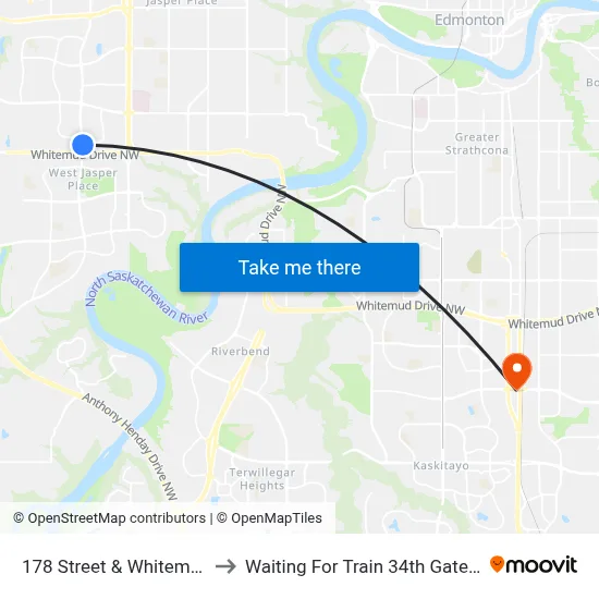178 Street & Whitemud Drive to Waiting For Train 34th Gateway Blvd. map