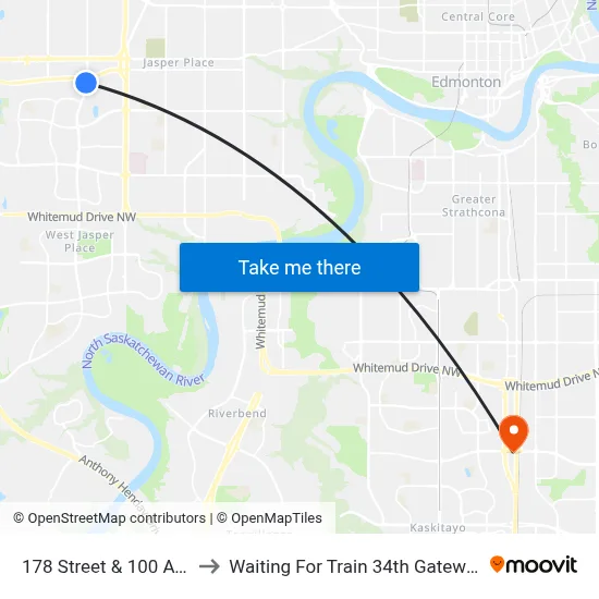 178 Street & 100 Avenue to Waiting For Train 34th Gateway Blvd. map