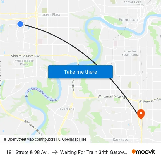 181 Street & 98 Avenue to Waiting For Train 34th Gateway Blvd. map