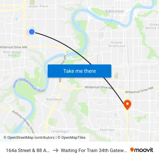 164a Street & 88 Avenue to Waiting For Train 34th Gateway Blvd. map