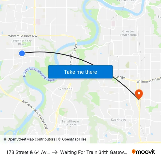 178 Street & 64 Avenue to Waiting For Train 34th Gateway Blvd. map