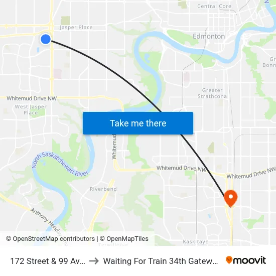 172 Street & 99 Avenue to Waiting For Train 34th Gateway Blvd. map