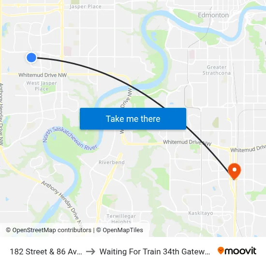 182 Street & 86 Avenue to Waiting For Train 34th Gateway Blvd. map
