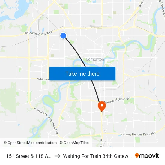 151 Street & 118 Avenue to Waiting For Train 34th Gateway Blvd. map