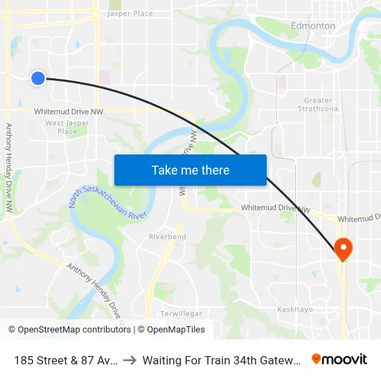 185 Street & 87 Avenue to Waiting For Train 34th Gateway Blvd. map