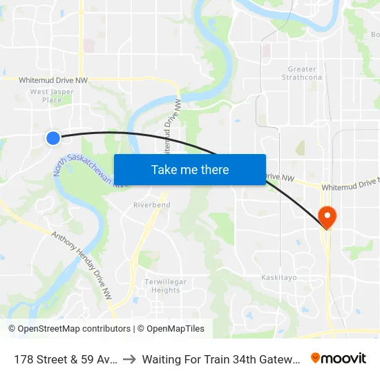 178 Street & 59 Avenue to Waiting For Train 34th Gateway Blvd. map