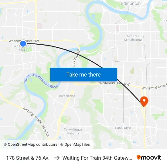 178 Street & 76 Avenue to Waiting For Train 34th Gateway Blvd. map