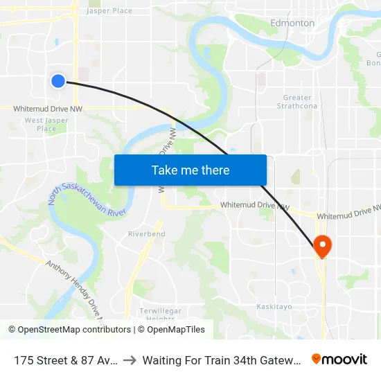 175 Street & 87 Avenue to Waiting For Train 34th Gateway Blvd. map