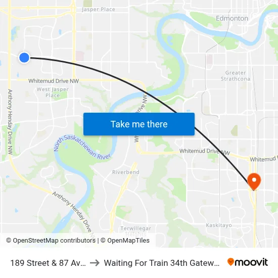189 Street & 87 Avenue to Waiting For Train 34th Gateway Blvd. map