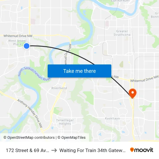 172 Street & 69 Avenue to Waiting For Train 34th Gateway Blvd. map