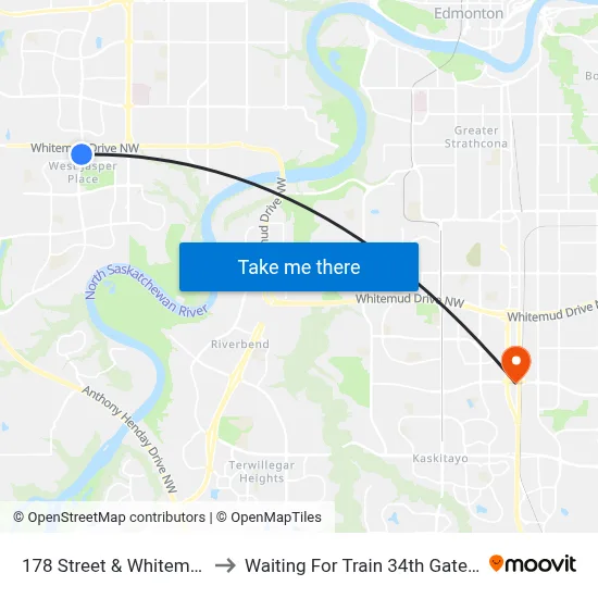 178 Street & Whitemud Drive to Waiting For Train 34th Gateway Blvd. map