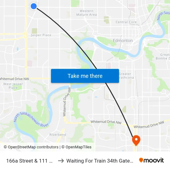 166a Street & 111 Avenue to Waiting For Train 34th Gateway Blvd. map