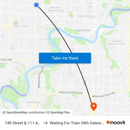 149 Street & 111 Avenue to Waiting For Train 34th Gateway Blvd. map