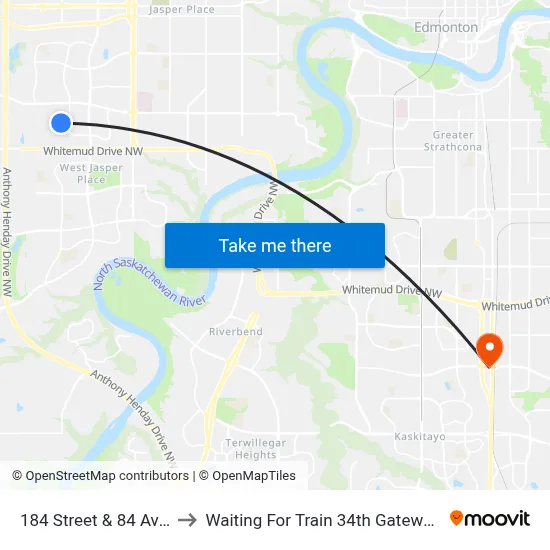 184 Street & 84 Avenue to Waiting For Train 34th Gateway Blvd. map