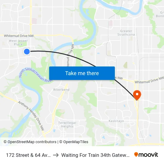 172 Street & 64 Avenue to Waiting For Train 34th Gateway Blvd. map